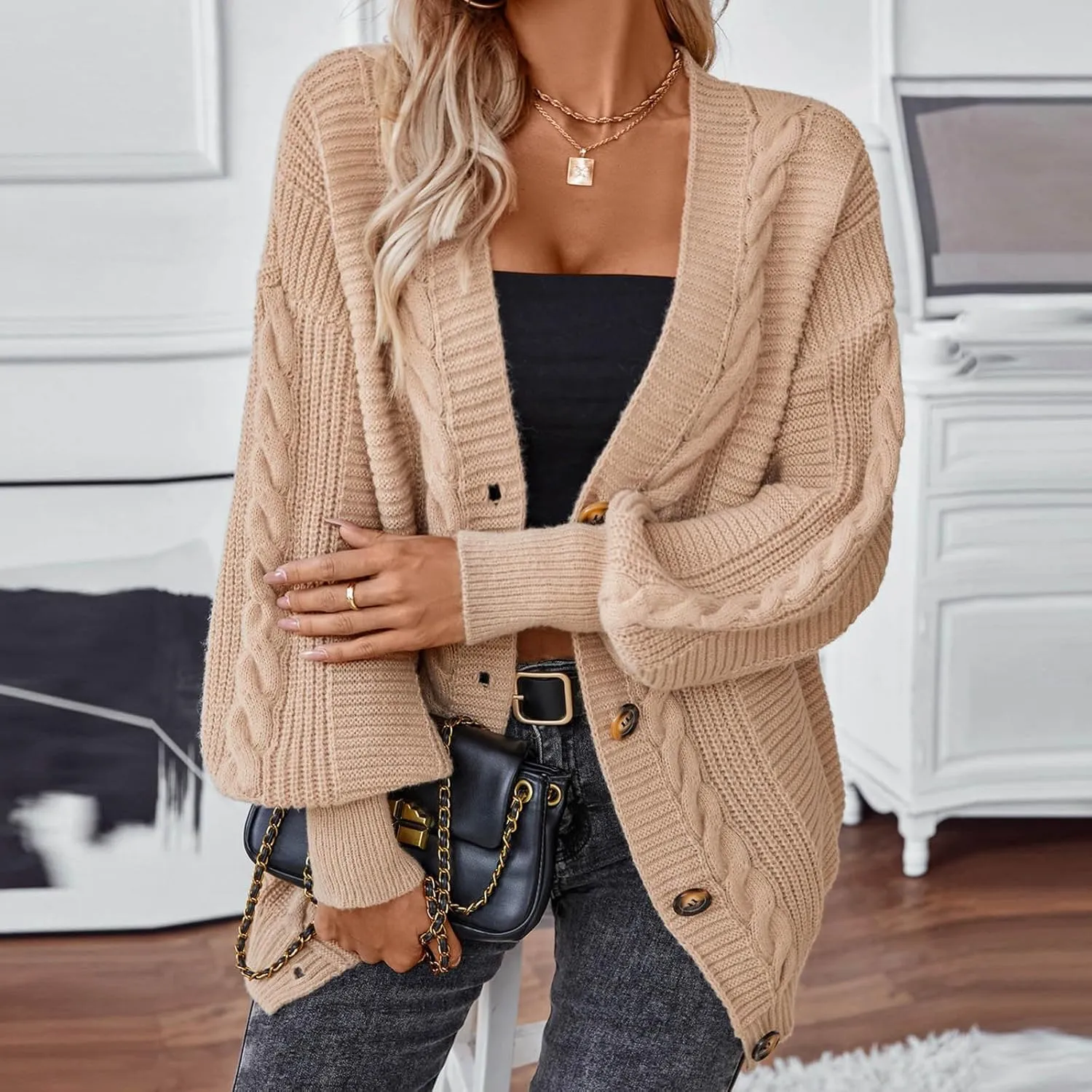 2024 Chunky Cardigans For Women Comfy Long Sleeve Cable Open Front Cardigans Casual Loose Button Down Knit Sweaters