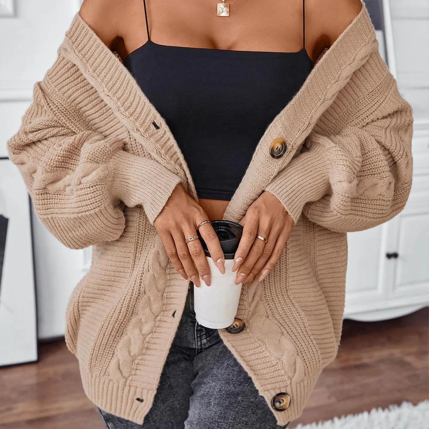2024 Chunky Cardigans For Women Comfy Long Sleeve Cable Open Front Cardigans Casual Loose Button Down Knit Sweaters