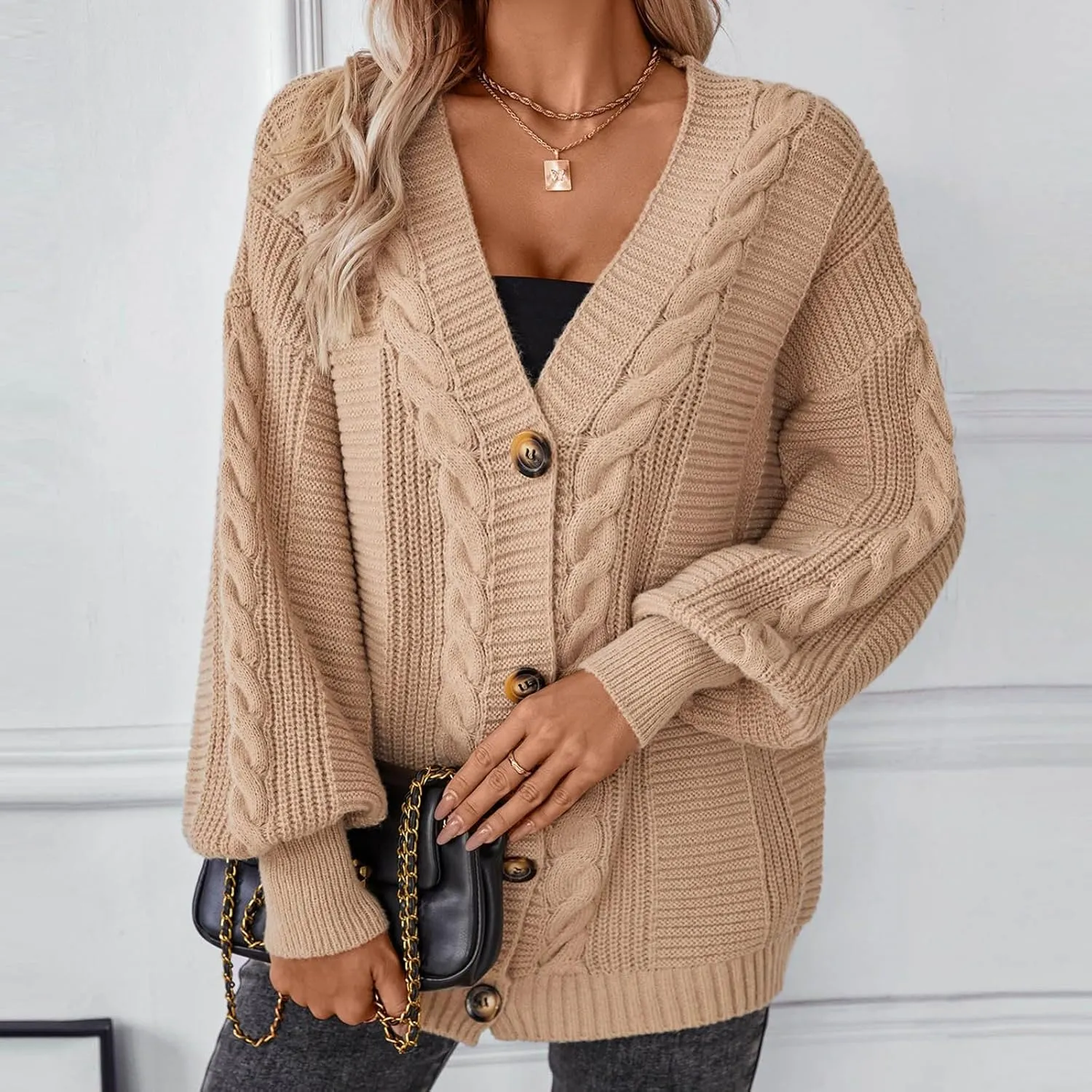 2024 Chunky Cardigans For Women Comfy Long Sleeve Cable Open Front Cardigans Casual Loose Button Down Knit Sweaters