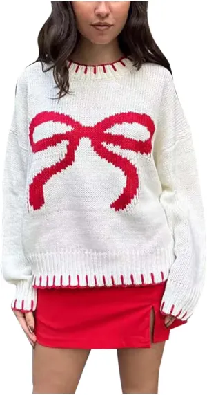 2024 Women's Bow Knitted Sweater Round Neck Long Sleeve Pullover Knitwear Long Sleeve Turtleneck Casual Pullover