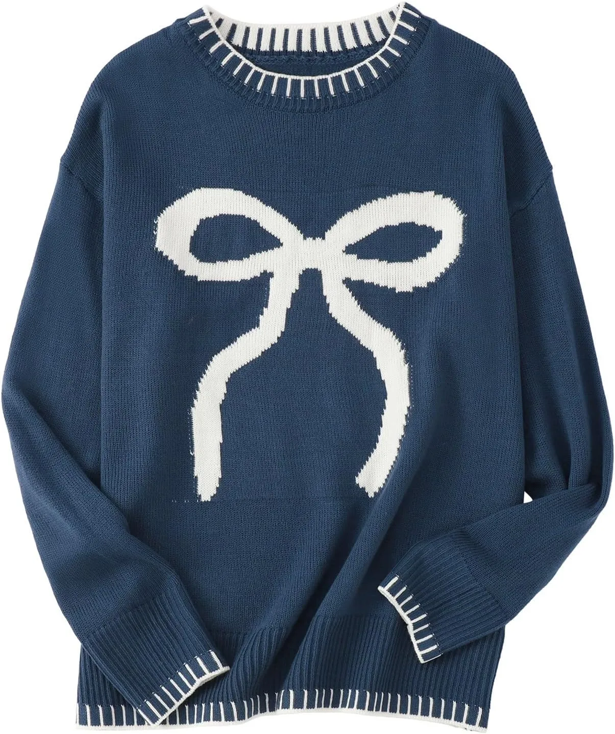 2024 Women's Bow Knitted Sweater Round Neck Long Sleeve Pullover Knitwear Long Sleeve Turtleneck Casual Pullover