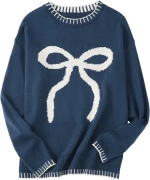 2024 Women's Bow Knitted Sweater Round Neck Long Sleeve Pullover Knitwear Long Sleeve Turtleneck Casual Pullover