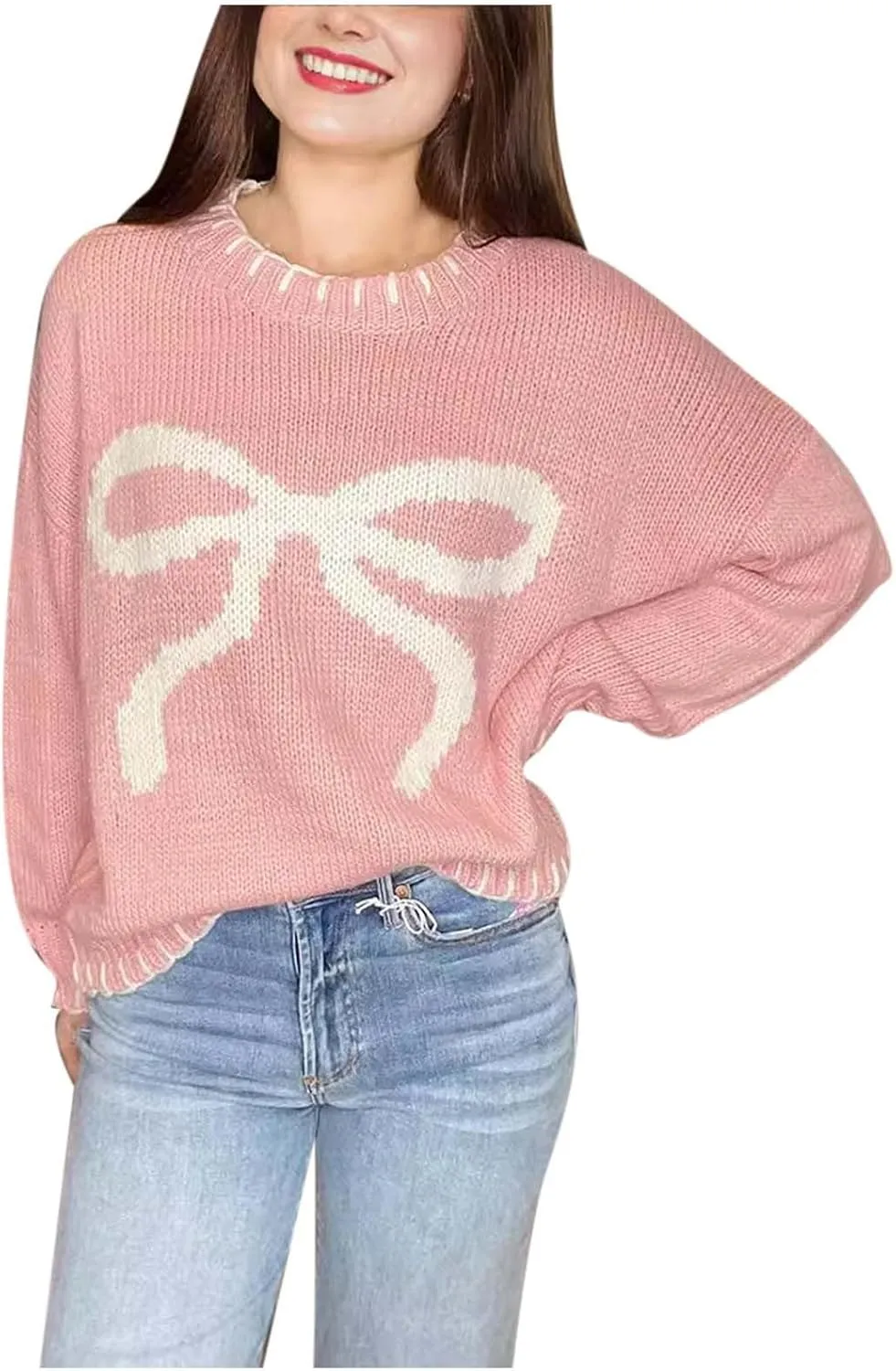 2024 Women's Bow Knitted Sweater Round Neck Long Sleeve Pullover Knitwear Long Sleeve Turtleneck Casual Pullover