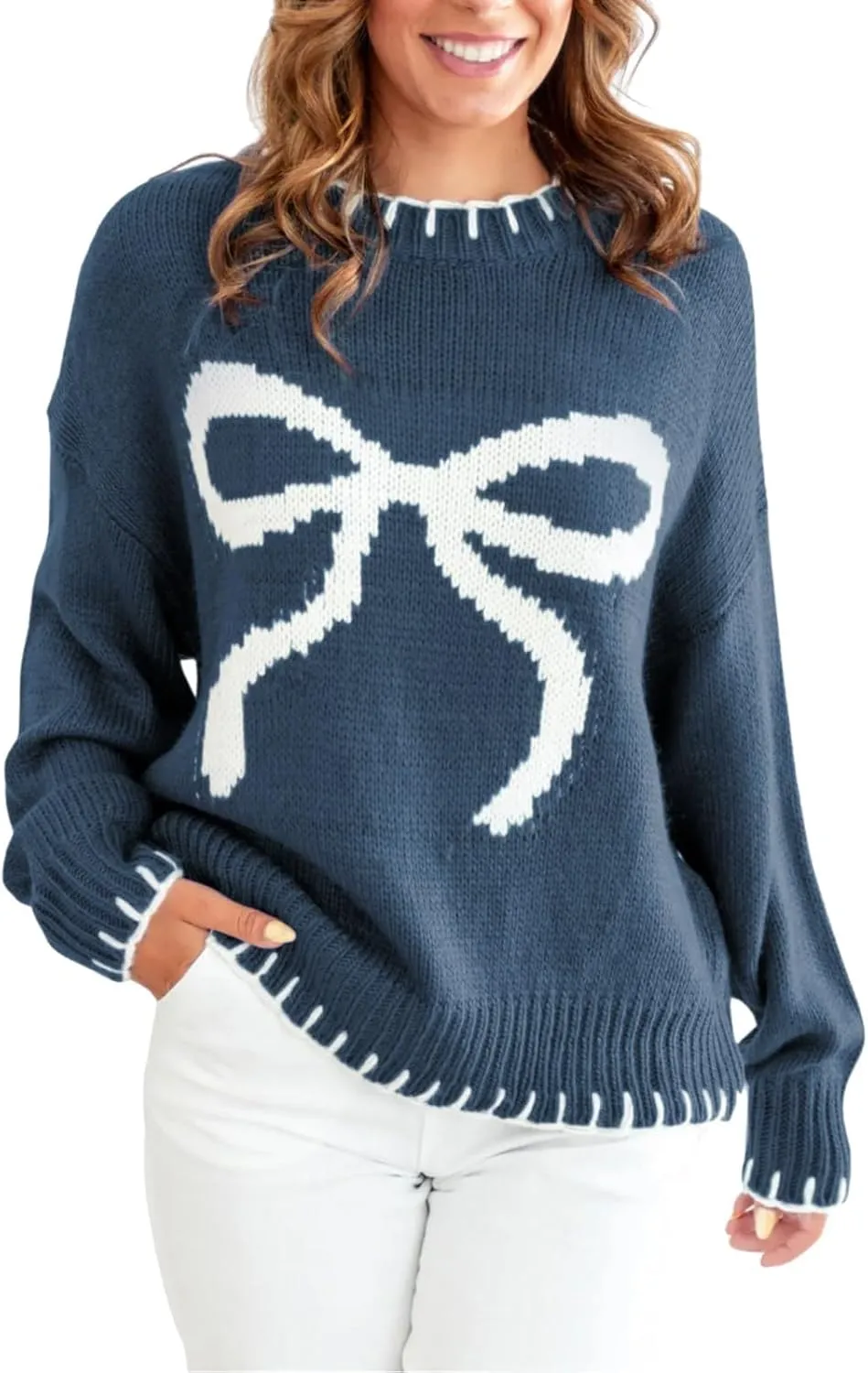 2024 Women's Bow Knitted Sweater Round Neck Long Sleeve Pullover Knitwear Long Sleeve Turtleneck Casual Pullover