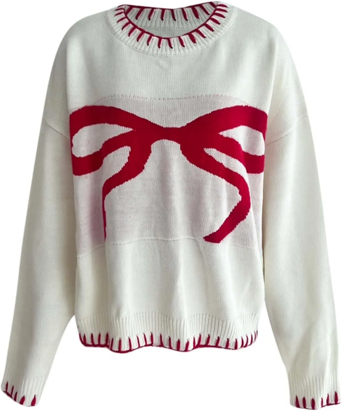 2024 Women's Bow Knitted Sweater Round Neck Long Sleeve Pullover Knitwear Long Sleeve Turtleneck Casual Pullover
