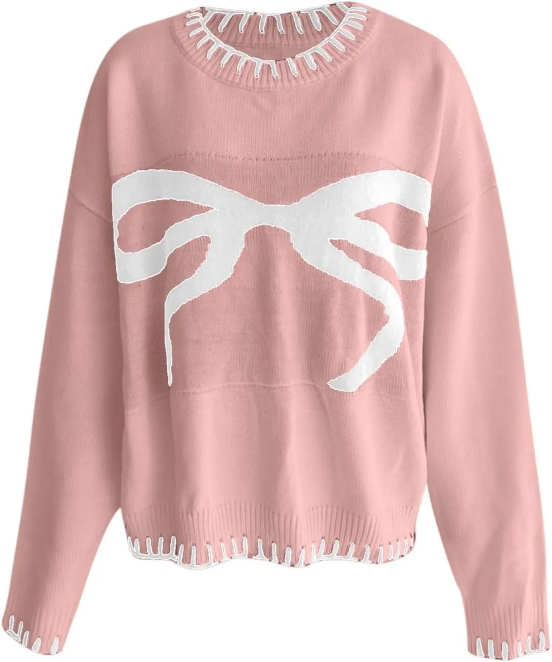 2024 Women's Bow Knitted Sweater Round Neck Long Sleeve Pullover Knitwear Long Sleeve Turtleneck Casual Pullover