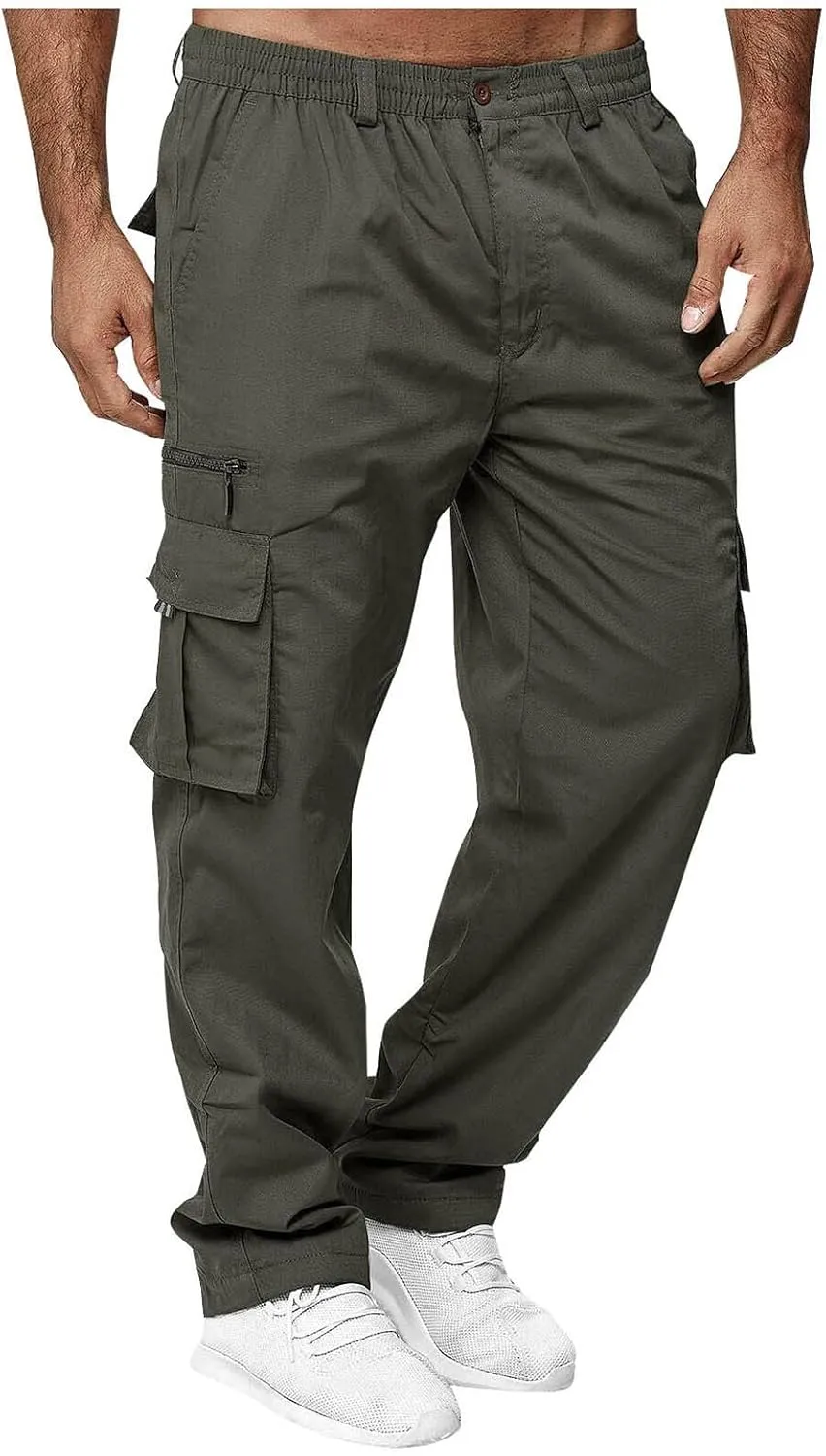 ADHOWBEW Men's Cargo Pants Pockets Relaxed Fit Outdoor Work Elastic Pants