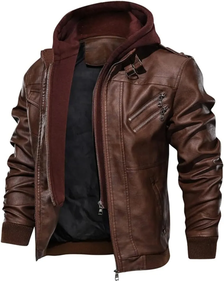 Alloaone Men Leather Jacket Coat Hooded Motorcycle PU Jacket Biker Faux Leather Jackets