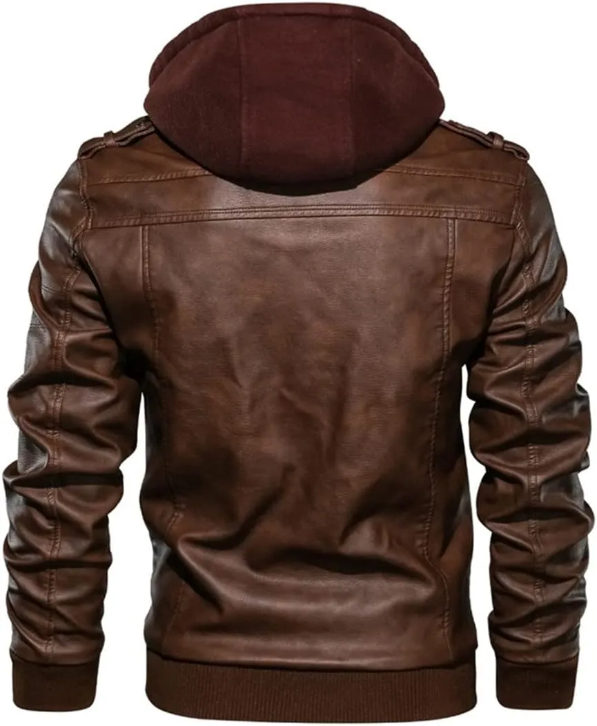 Alloaone Men Leather Jacket Coat Hooded Motorcycle PU Jacket Biker Faux Leather Jackets