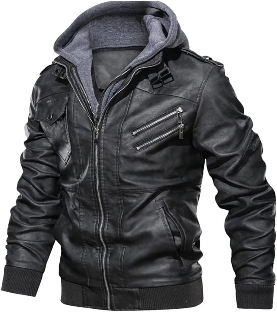 Alloaone Men Leather Jacket Coat Hooded Motorcycle PU Jacket Biker Faux Leather Jackets