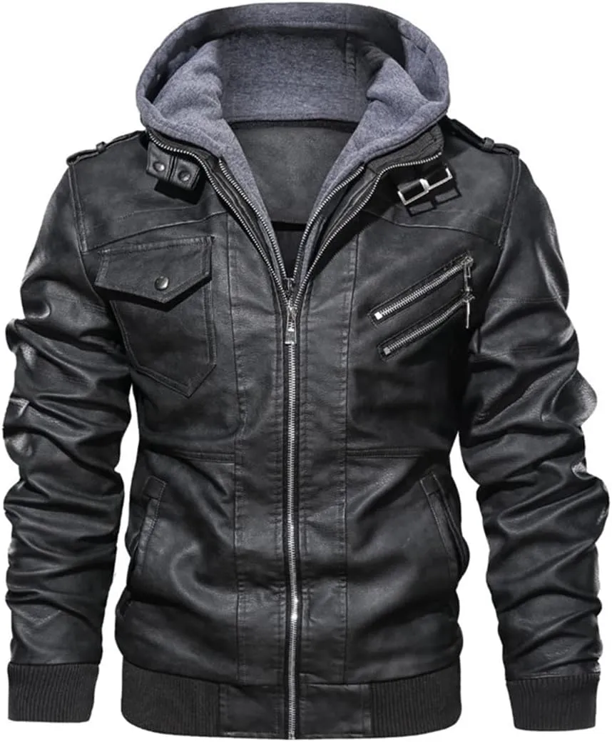 Alloaone Men Leather Jacket Coat Hooded Motorcycle PU Jacket Biker Faux Leather Jackets