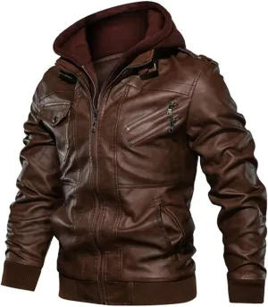 Alloaone Men Leather Jacket Coat Hooded Motorcycle PU Jacket Biker Faux Leather Jackets