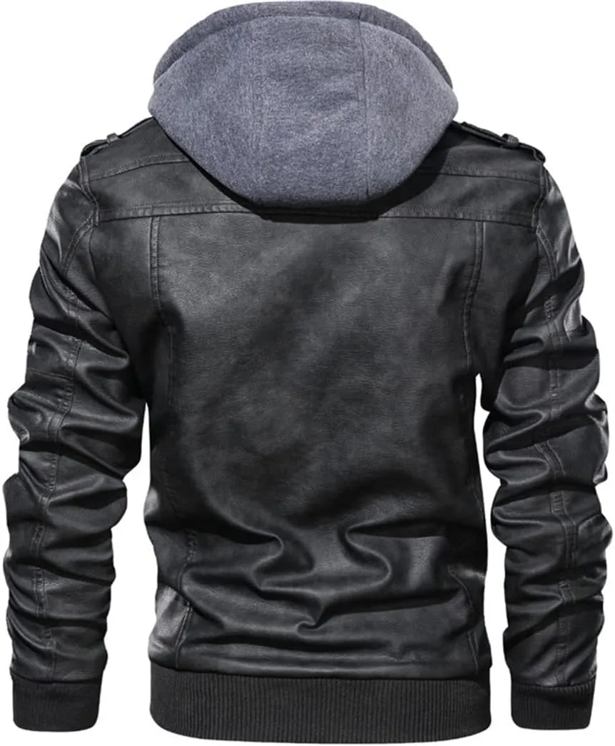 Alloaone Men Leather Jacket Coat Hooded Motorcycle PU Jacket Biker Faux Leather Jackets