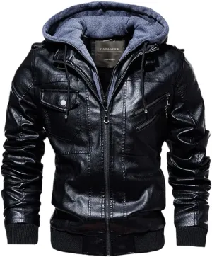 Alloaone Mens Leather Jacket Hooded Motorcycle PU Jacket Retro Zipper Leather Jackets Coat