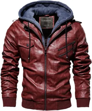 Alloaone Mens Leather Jacket Hooded Motorcycle PU Jacket Retro Zipper Leather Jackets Coat