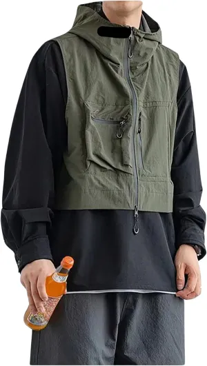 BAIMORE Men's Utility Hooded Zip Up Outdoor Work Fishing Travel Photo Vest Jacket with Pockets
