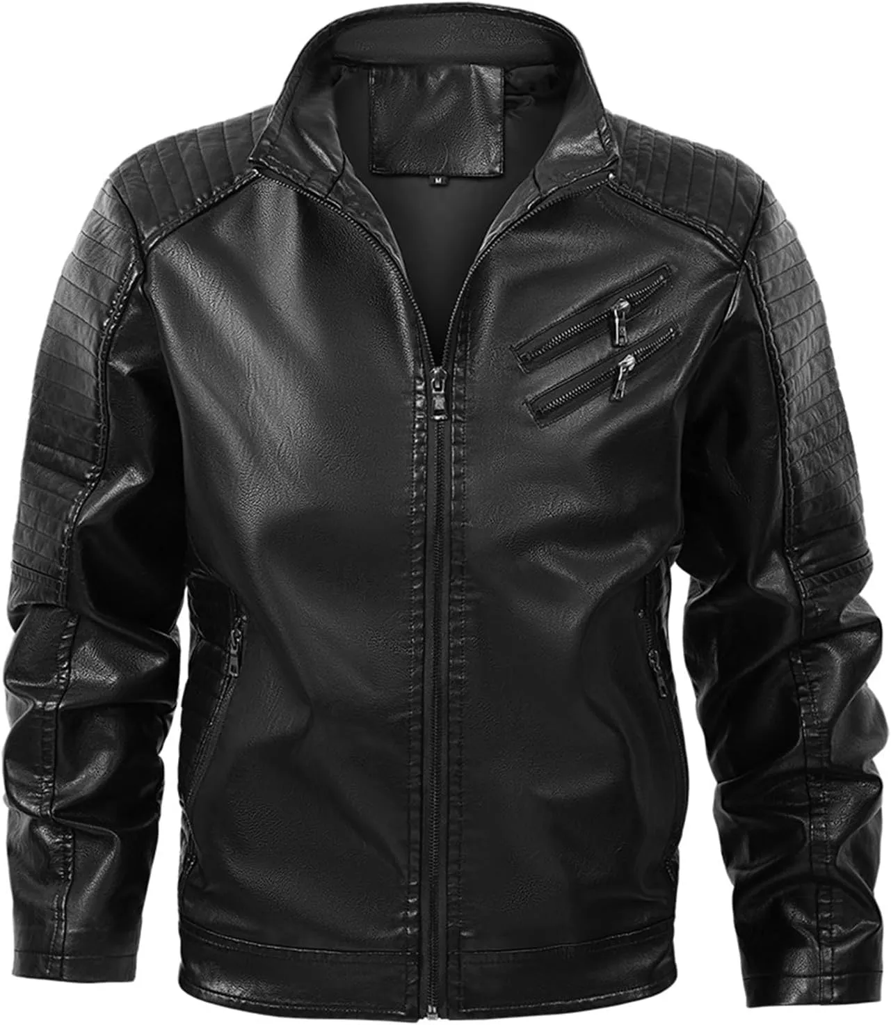 Black Leather Jacket Men Slim Fit PU Leather Motorcycle Jacket Faux Leather Biker Jacket with Multi-Pockets