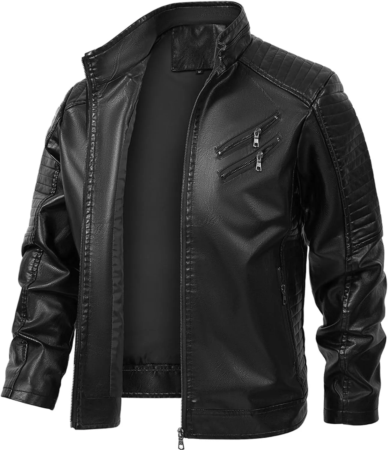 Black Leather Jacket Men Slim Fit PU Leather Motorcycle Jacket Faux Leather Biker Jacket with Multi-Pockets