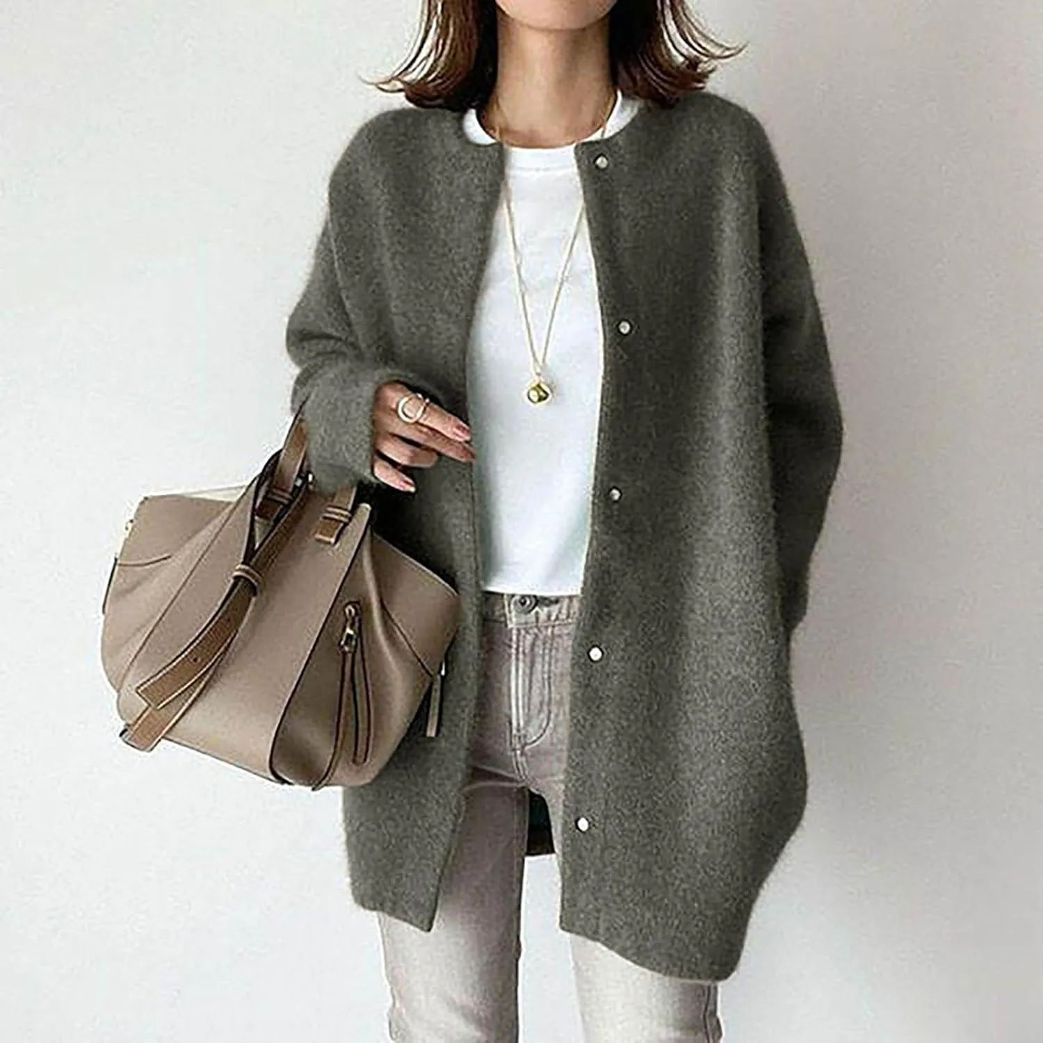 Black Trench Coat Women,Women's Wool Coat Slim Trench Long Coat Fall Winter Elegant Round Neck Straight Sweaters