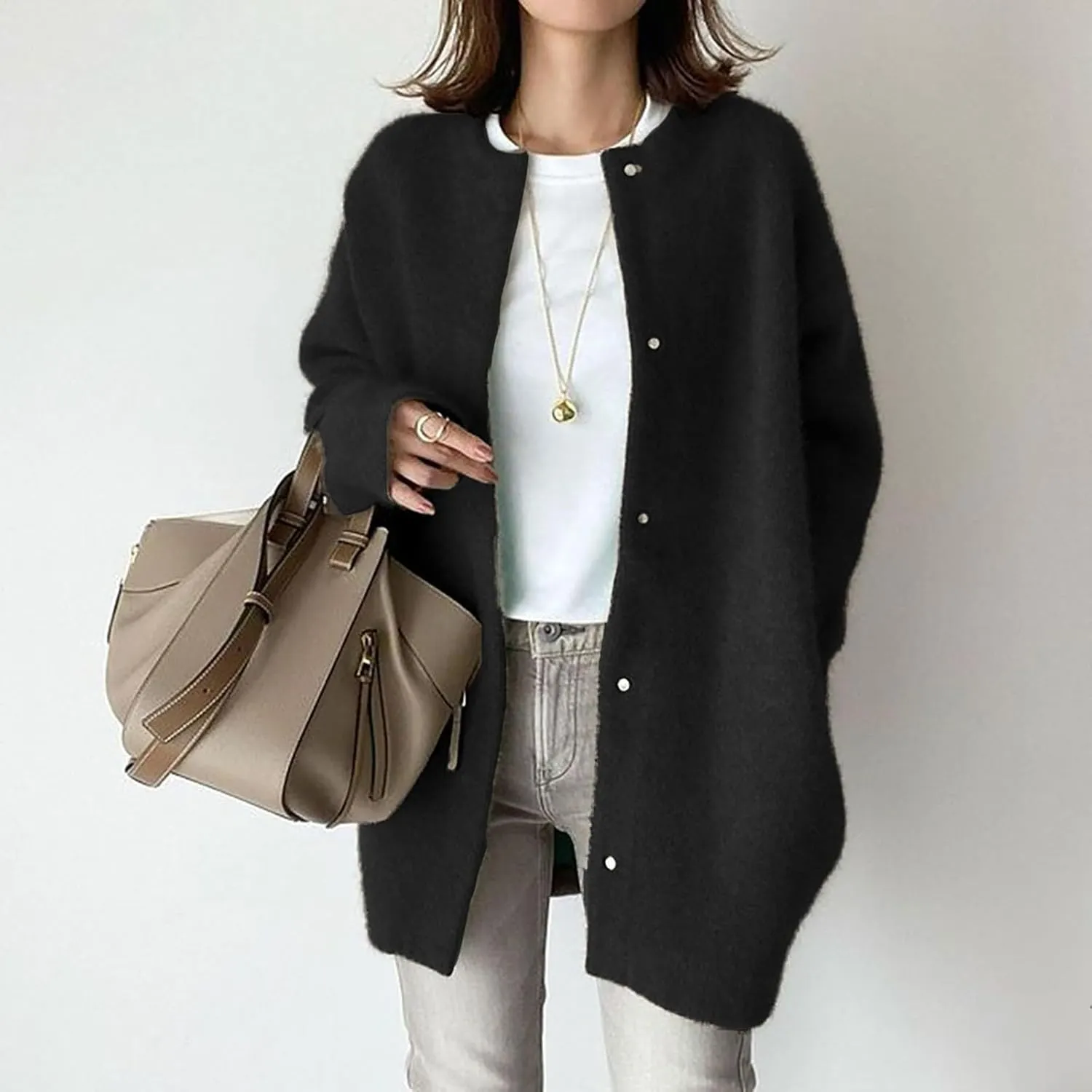 Black Trench Coat Women,Women's Wool Coat Slim Trench Long Coat Fall Winter Elegant Round Neck Straight Sweaters