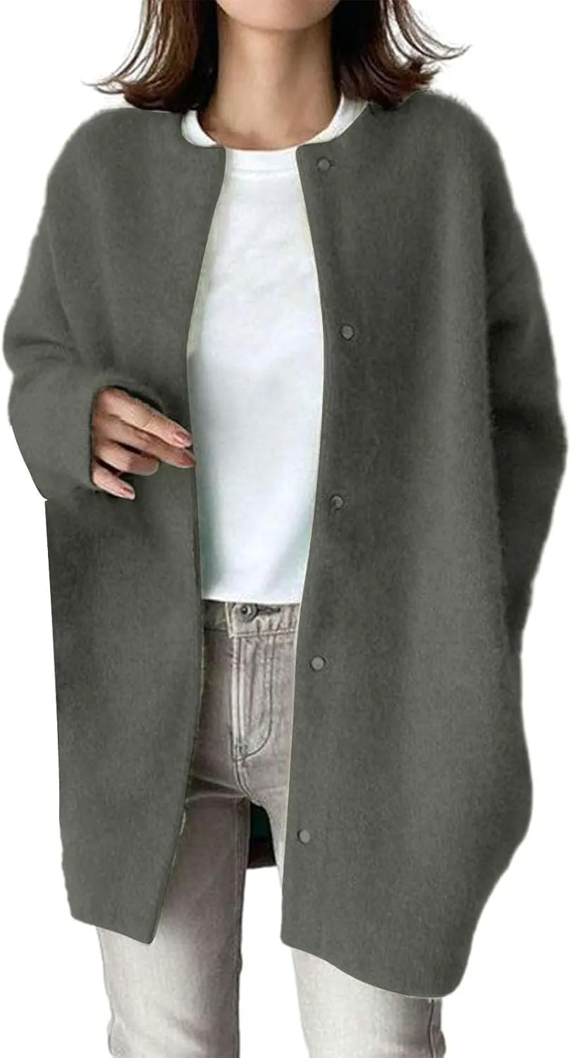 Black Trench Coat Women,Women's Wool Coat Slim Trench Long Coat Fall Winter Elegant Round Neck Straight Sweaters