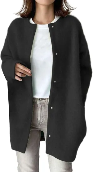 Black Trench Coat Women,Women's Wool Coat Slim Trench Long Coat Fall Winter Elegant Round Neck Straight Sweaters