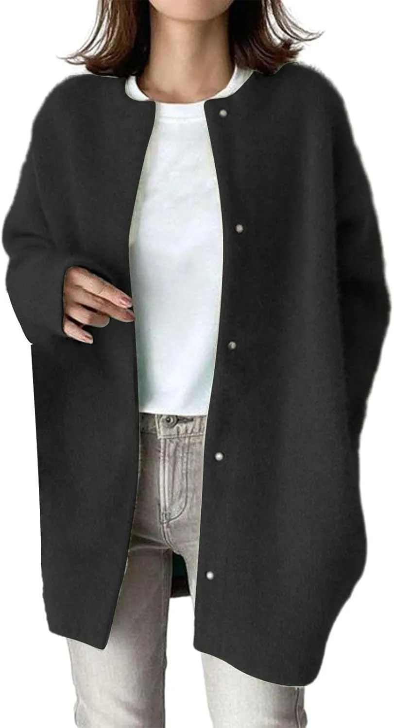 Black Trench Coat Women,Women's Wool Coat Slim Trench Long Coat Fall Winter Elegant Round Neck Straight Sweaters