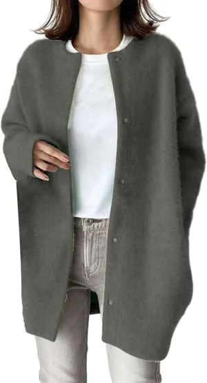 Black Trench Coat Women,Women's Wool Coat Slim Trench Long Coat Fall Winter Elegant Round Neck Straight Sweaters