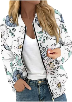 Bomber Jacket Women 2024 Causal Print Zip Up Coats Long Sleeve Stand Collar Fall Lightweight Outerwear With Pockets