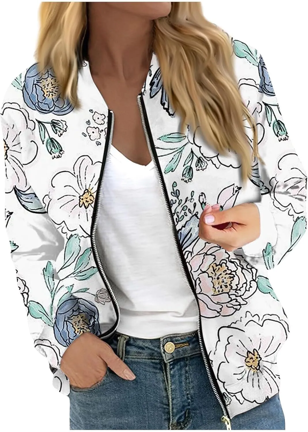Bomber Jacket Women 2024 Causal Print Zip Up Coats Long Sleeve Stand Collar Fall Lightweight Outerwear With Pockets