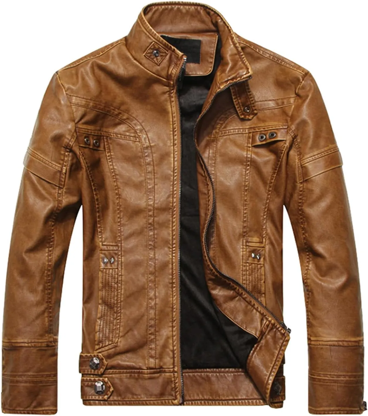Brown Leather Jacket Men Slim Fit Vintage Faux Leather Motorcycle Jacket Zipper Racer Biker Coat with Pockets