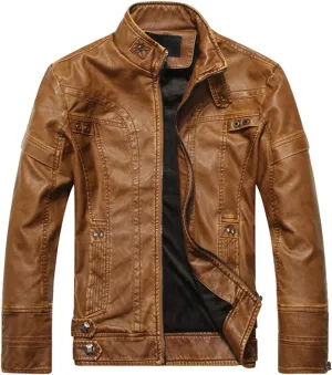 Brown Leather Jacket Men Slim Fit Vintage Faux Leather Motorcycle Jacket Zipper Racer Biker Coat with Pockets