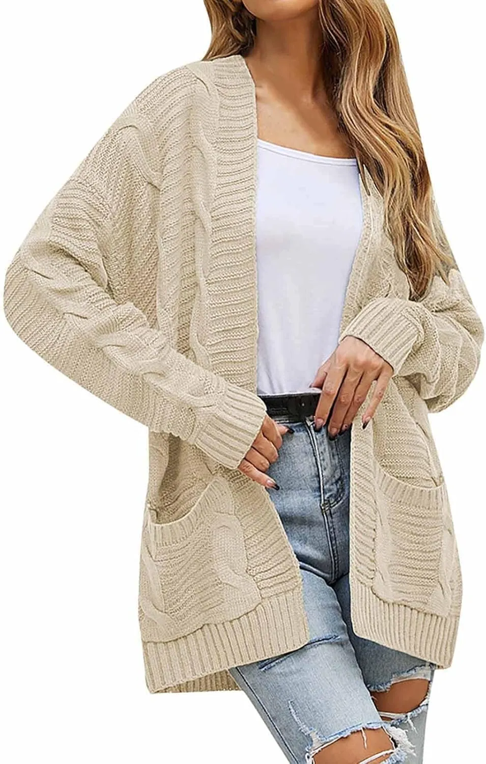 Cable Knit Sweater Women Oversized Long Sleeve Chunky Cardigan Comfy Open Front Cardigan with Pockets