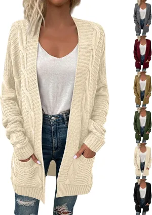 Cable Knit Sweater Women Oversized Long Sleeve Chunky Cardigan Comfy Open Front Cardigan with Pockets