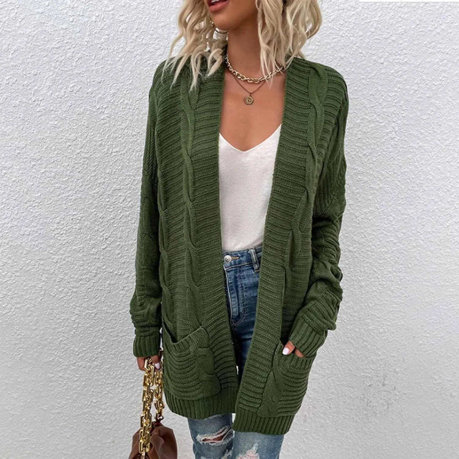 Cable Knit Sweater Women Oversized Long Sleeve Chunky Cardigan Comfy Open Front Cardigan with Pockets