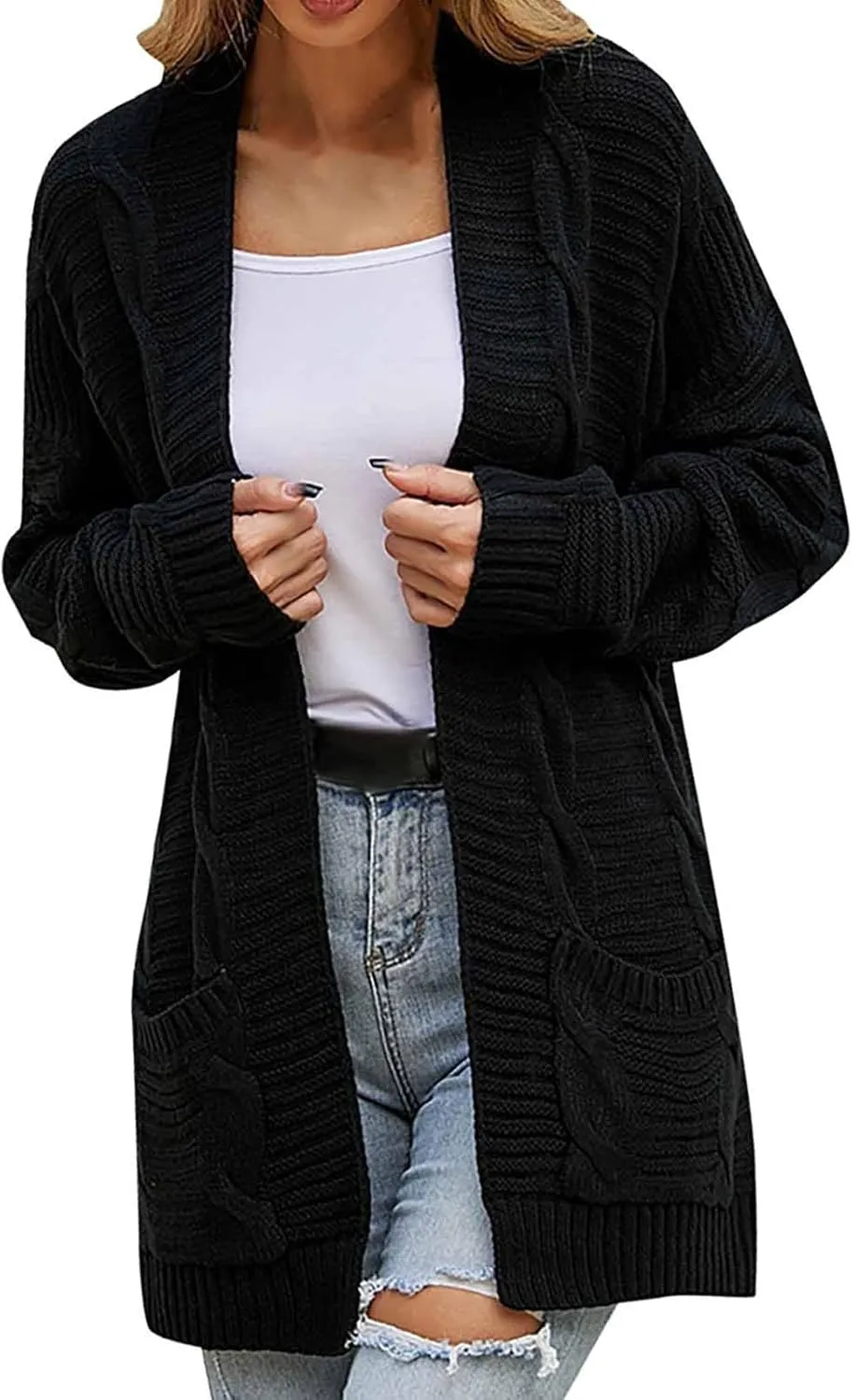 Cable Knit Sweater Women Oversized Long Sleeve Chunky Cardigan Comfy Open Front Cardigan with Pockets