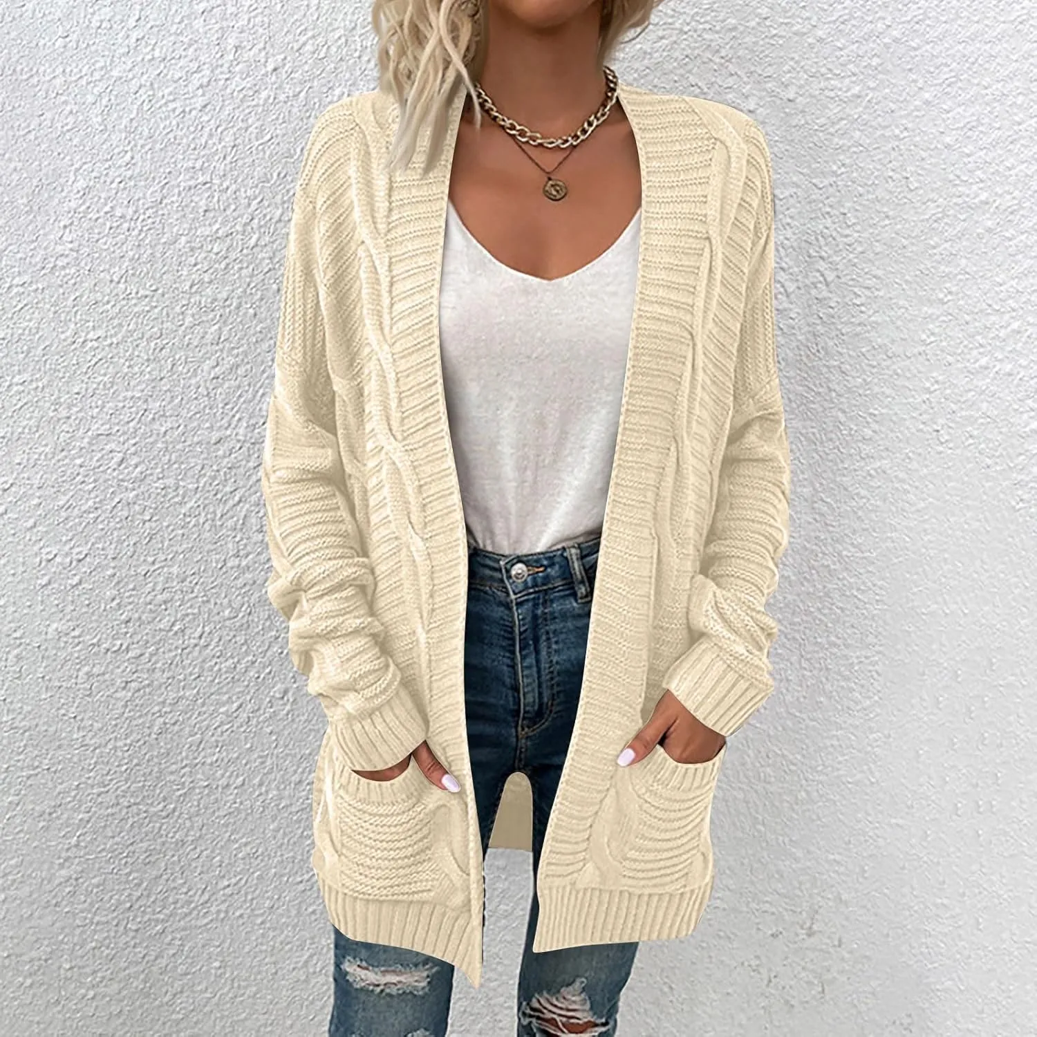 Cable Knit Sweater Women Oversized Long Sleeve Chunky Cardigan Comfy Open Front Cardigan with Pockets