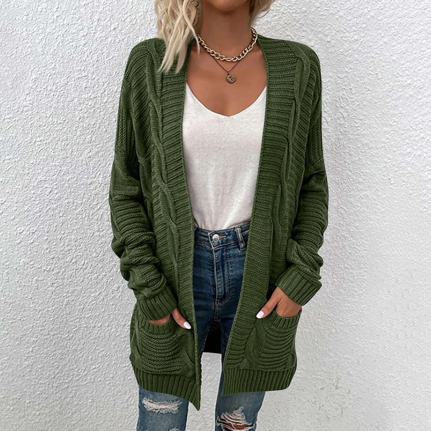 Cable Knit Sweater Women Oversized Long Sleeve Chunky Cardigan Comfy Open Front Cardigan with Pockets