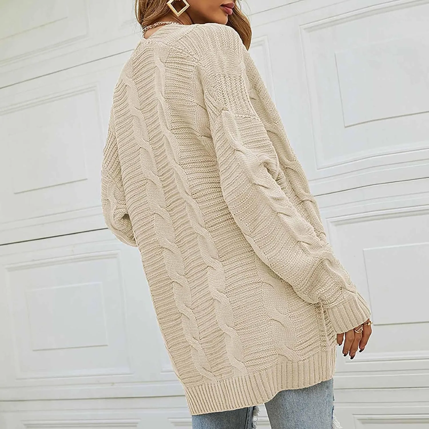 Cable Knit Sweater Women Oversized Long Sleeve Chunky Cardigan Comfy Open Front Cardigan with Pockets