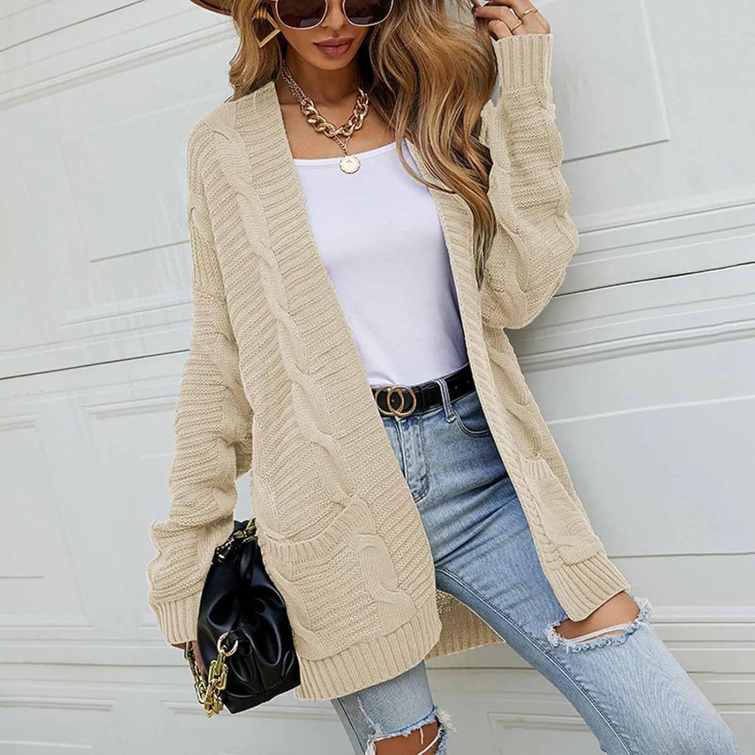 Cable Knit Sweater Women Oversized Long Sleeve Chunky Cardigan Comfy Open Front Cardigan with Pockets