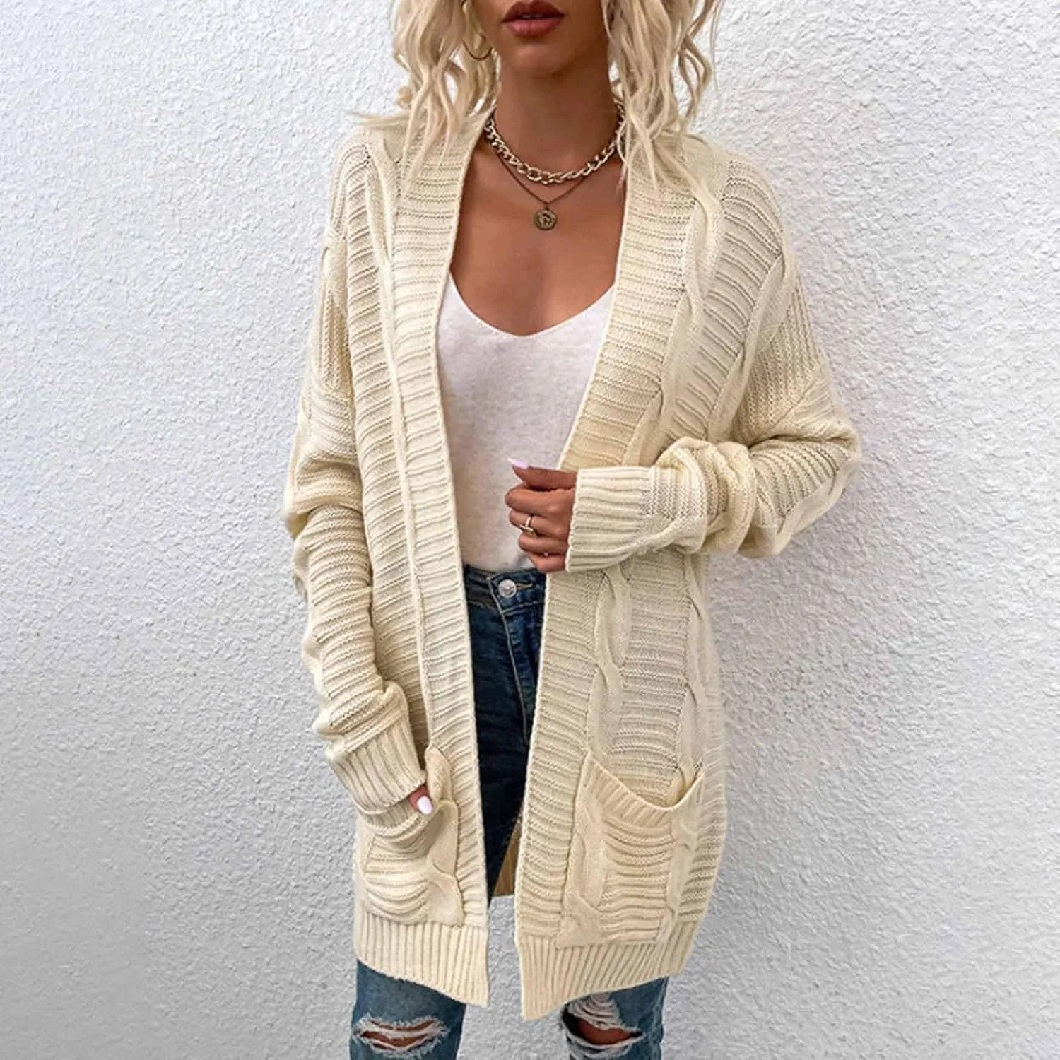 Cable Knit Sweater Women Oversized Long Sleeve Chunky Cardigan Comfy Open Front Cardigan with Pockets