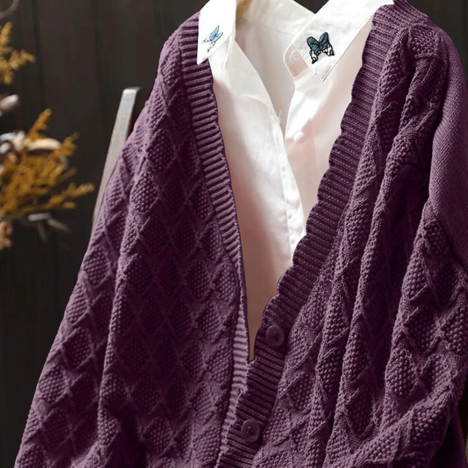 Cable Knit Sweater Women V Neck Button up Solid Color Long Sleeve Fall Sweaters Preppy Casual Oversized Cardigans