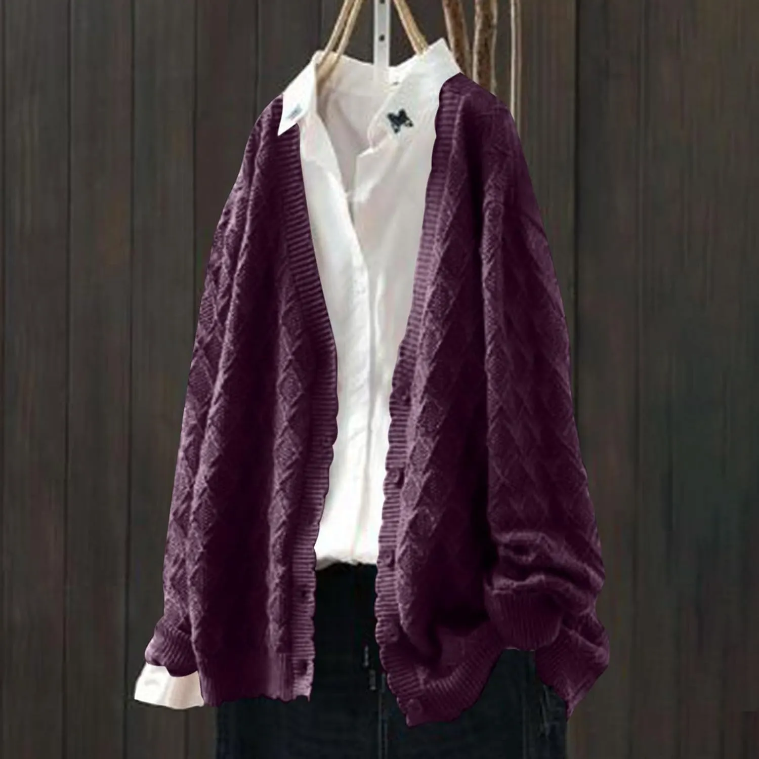 Cable Knit Sweater Women V Neck Button up Solid Color Long Sleeve Fall Sweaters Preppy Casual Oversized Cardigans