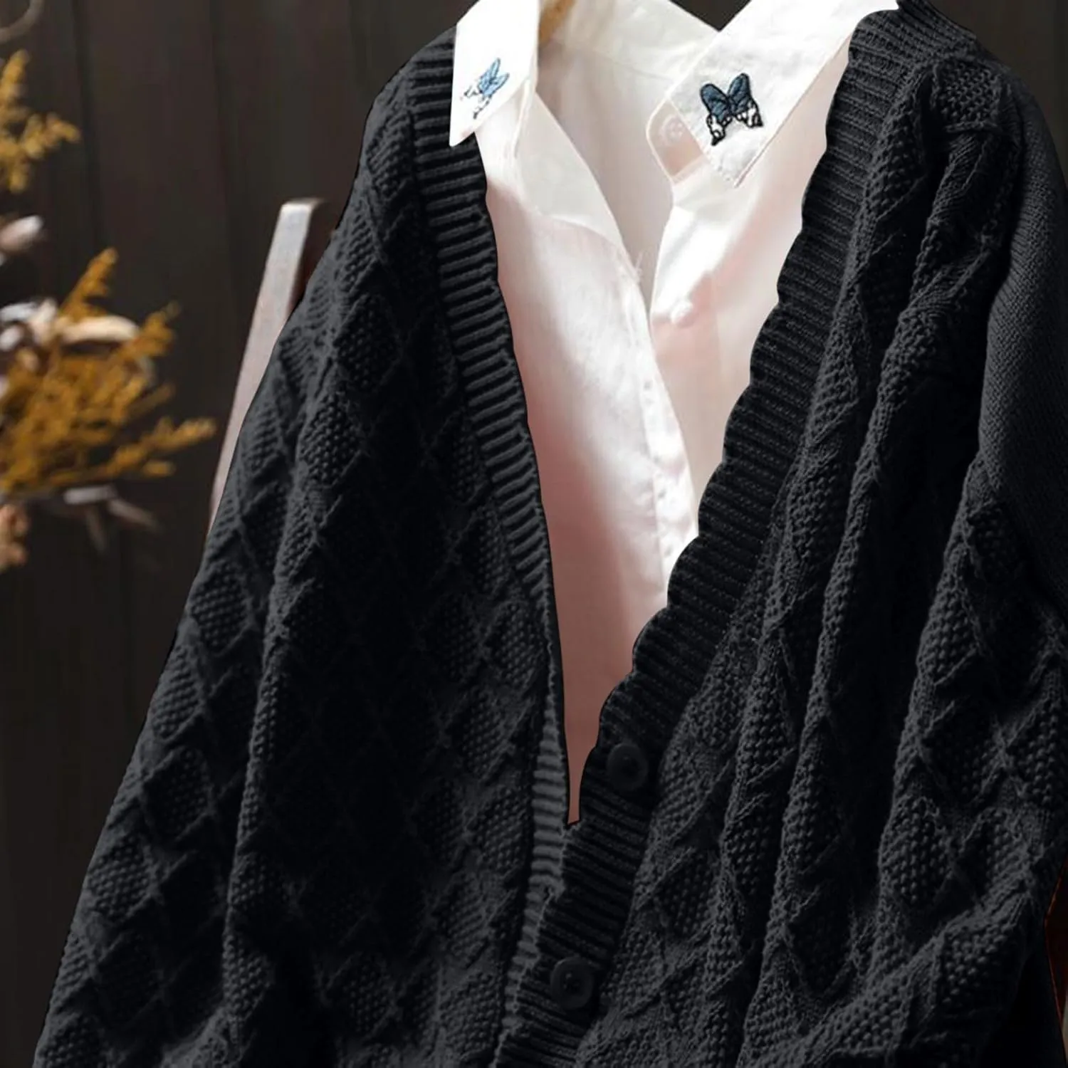 Cable Knit Sweater Women V Neck Button up Solid Color Long Sleeve Fall Sweaters Preppy Casual Oversized Cardigans