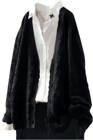 Cable Knit Sweater Women V Neck Button up Solid Color Long Sleeve Fall Sweaters Preppy Casual Oversized Cardigans