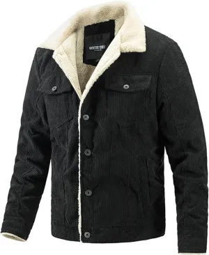 Canbebig Men's Corduroy Sherpa Trucker Jacket Western Jackets Winter Fleece Lined Fur Collar Warm Cowboy Coat with Pockets