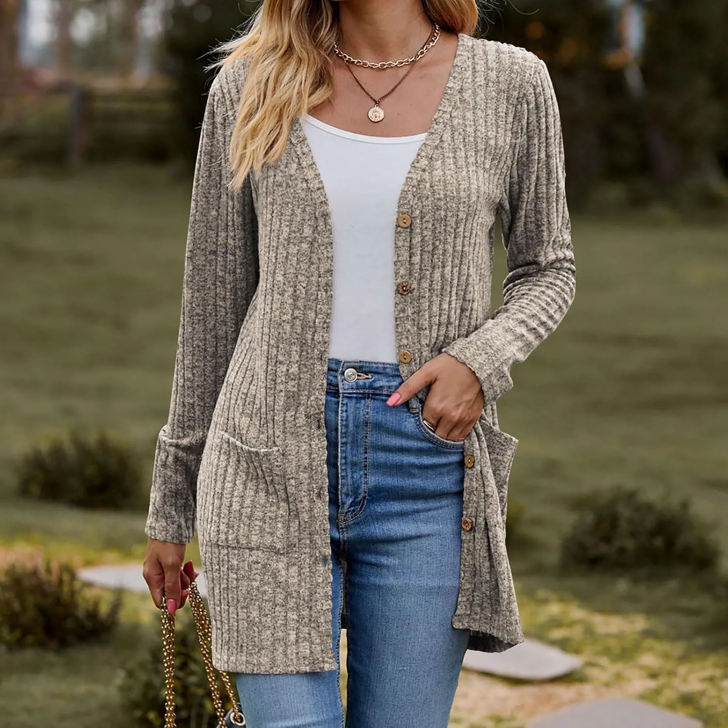 Cardigan for Women Long Sleeve Open Front Button Solid Sweaters Chunky Knit Slouchy Dropped Casual Outerwear Tops with Pocket