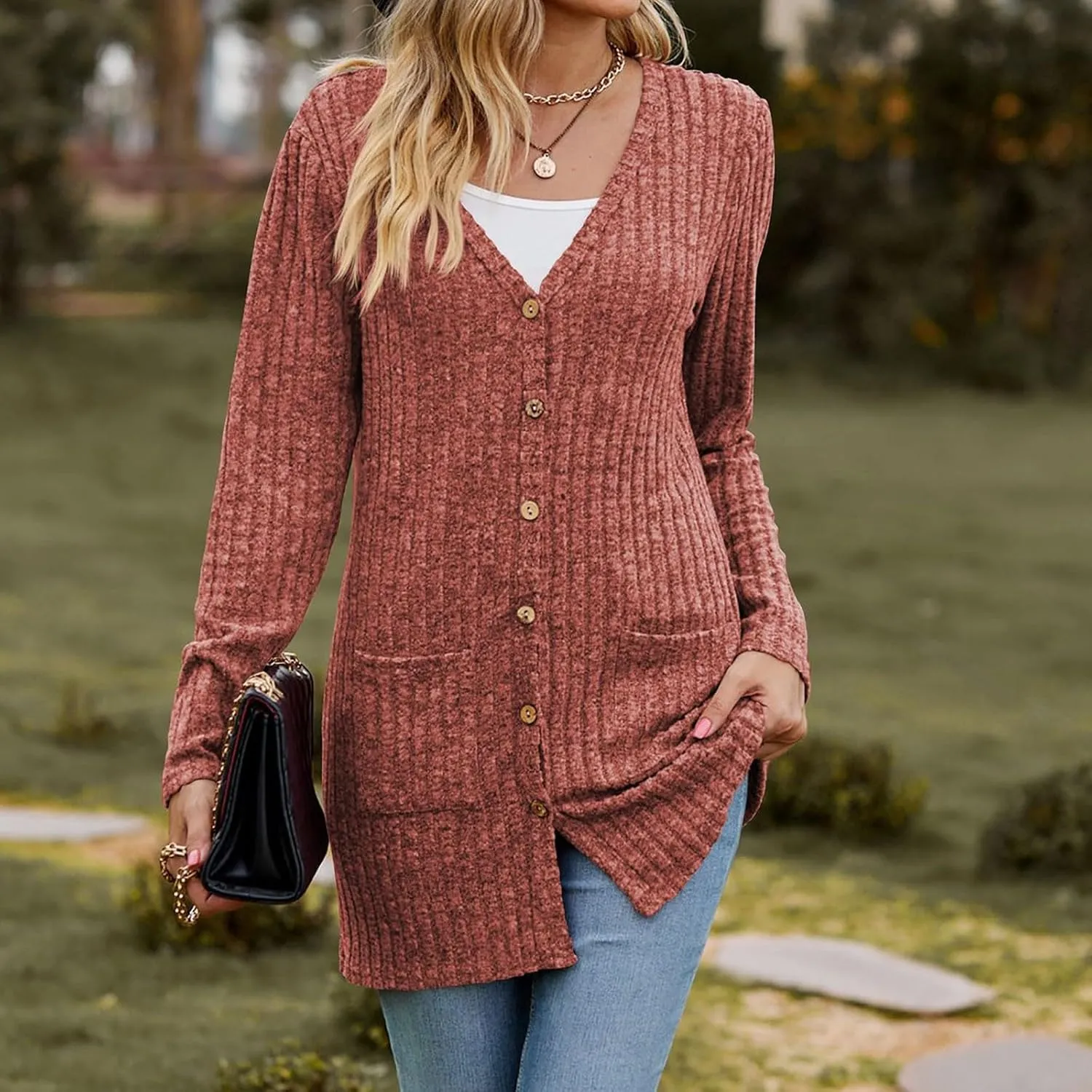 Cardigan for Women Long Sleeve Open Front Button Solid Sweaters Chunky Knit Slouchy Dropped Casual Outerwear Tops with Pocket