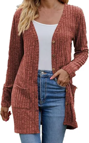 Cardigan for Women Long Sleeve Open Front Button Solid Sweaters Chunky Knit Slouchy Dropped Casual Outerwear Tops with Pocket