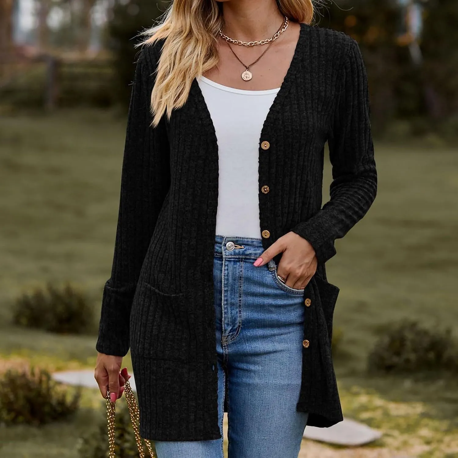 Cardigan for Women Long Sleeve Open Front Button Solid Sweaters Chunky Knit Slouchy Dropped Casual Outerwear Tops with Pocket
